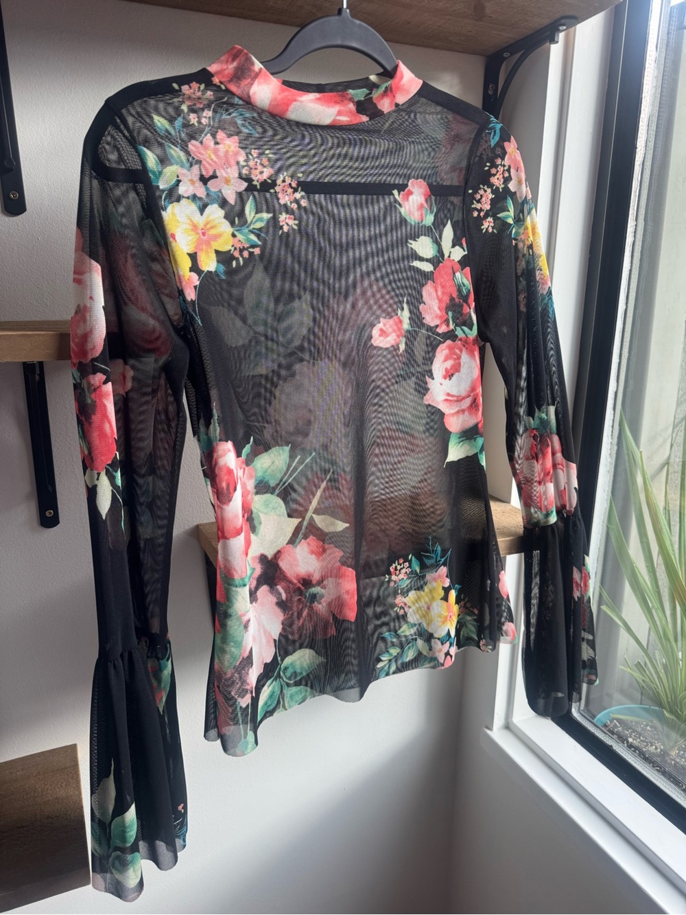 Sheer Black Floral Long-Sleeve Mesh Top with Flared Cuffs